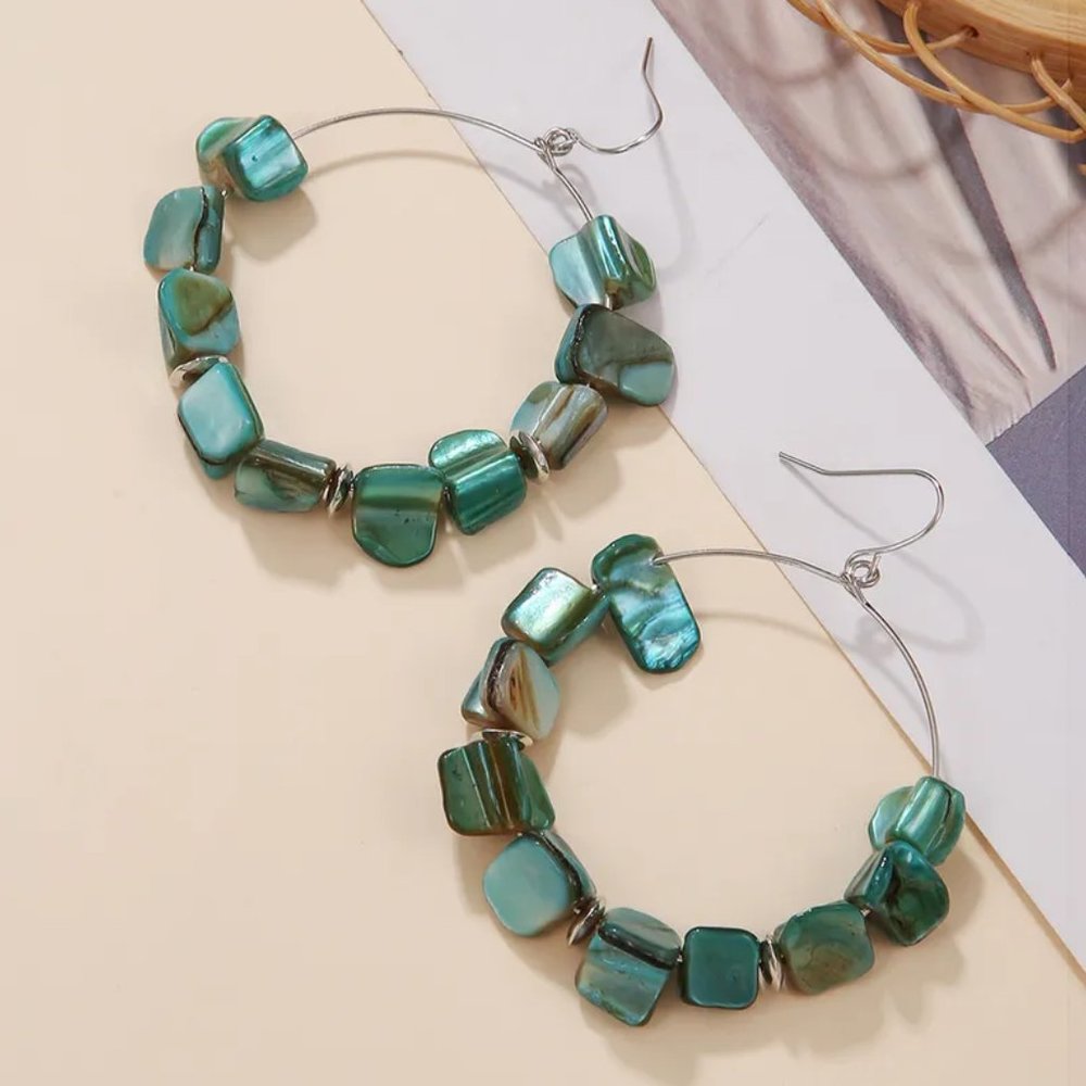 Bohemian Green Abalone Shell Beaded Dangle Hoop Earrings NEW - Picture 6 of 6
